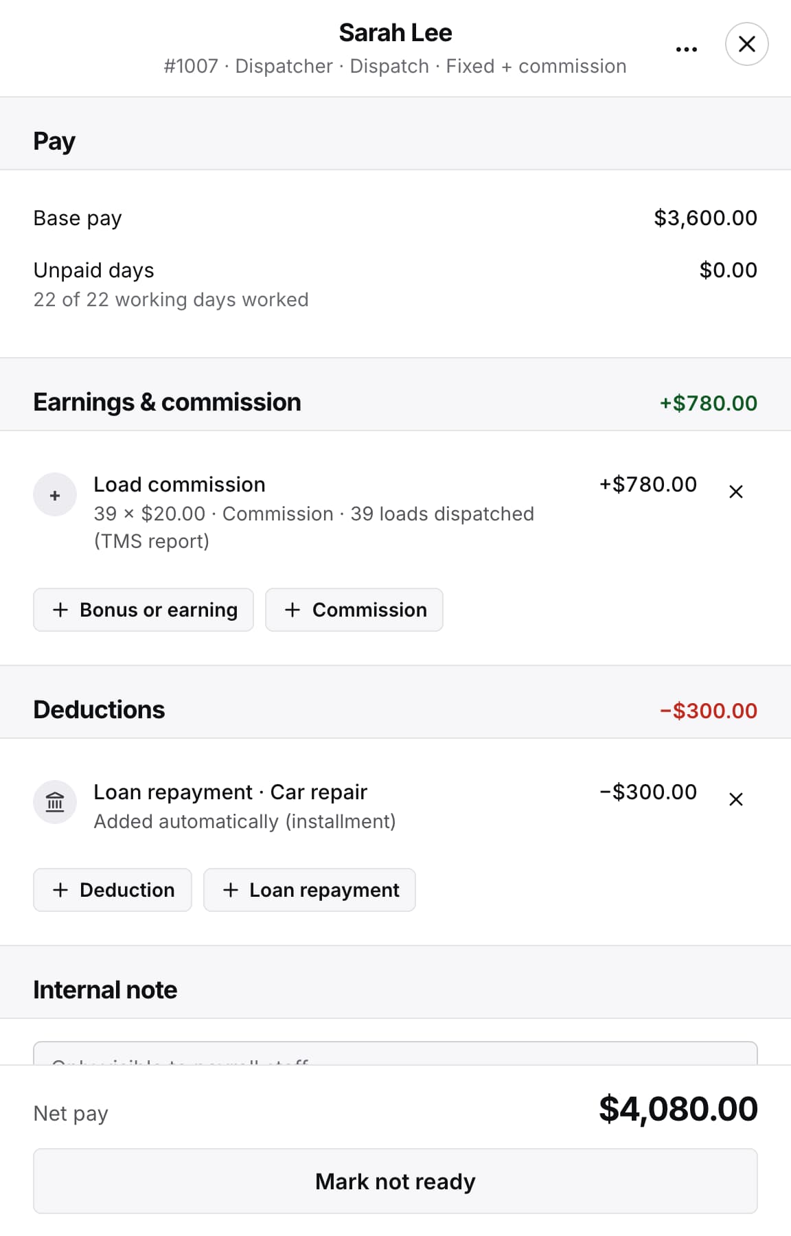 Sarah Lee’s October pay: $3,600.00 base pay, a load commission of 39 × $20.00, a $300.00 car repair loan payment added automatically, and $4,080.00 net pay.