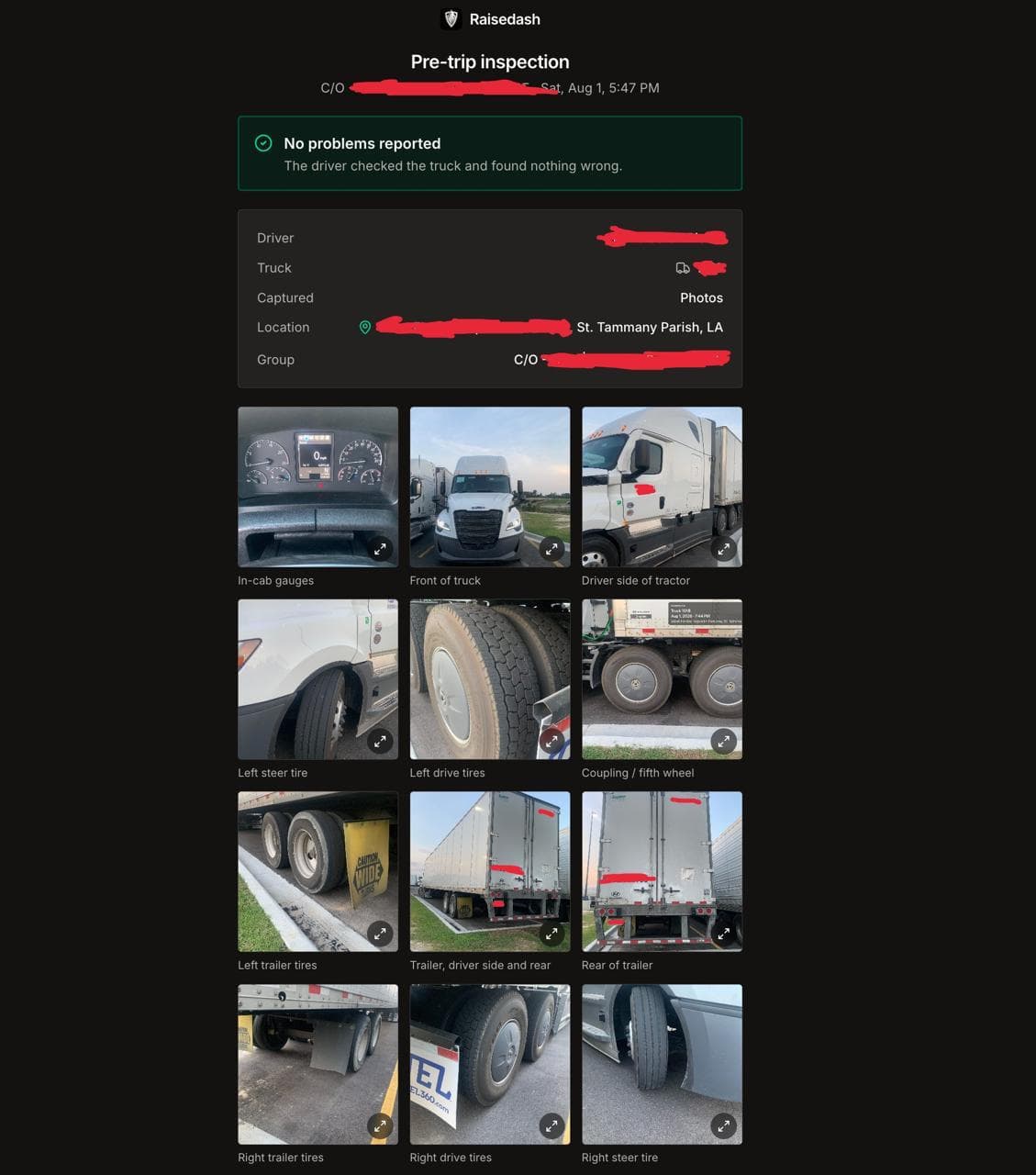 Un reporte de inspección previa al viaje enviado, con la hora de la inspección, fotos del camión y ninguna falla reportada. Los datos de identificación están ocultos.
