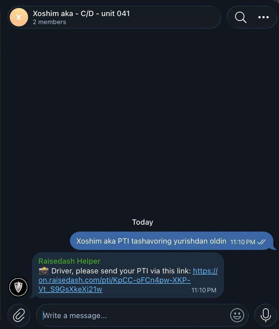 Un grupo de Telegram de conductores con una solicitud de PTI y el bot de Raisedash respondiendo con un enlace de inspección.