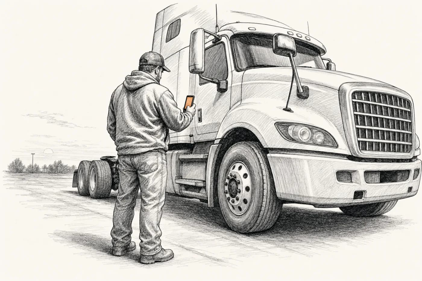 A truck driver standing beside the front wheel of a semi truck, holding up a phone to photograph the tire.