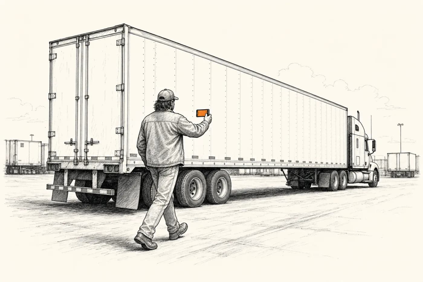 A truck driver walking alongside a semi trailer while filming it with a phone held out in front of them.