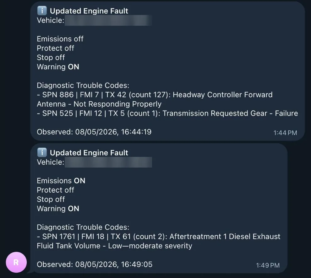 Two engine-fault alerts in Telegram, each listing the emissions, protect, stop and warning lamp states and spelling out every diagnostic trouble code.