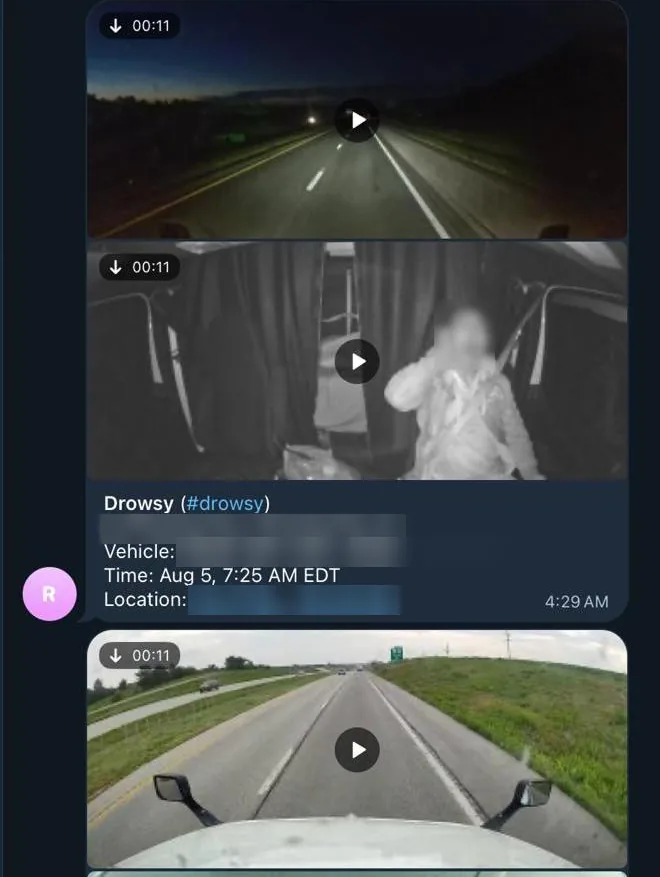 A drowsy-driving alert in a Telegram group: the road-facing clip, the cabin clip, and a caption with the vehicle, the time and a map link.
