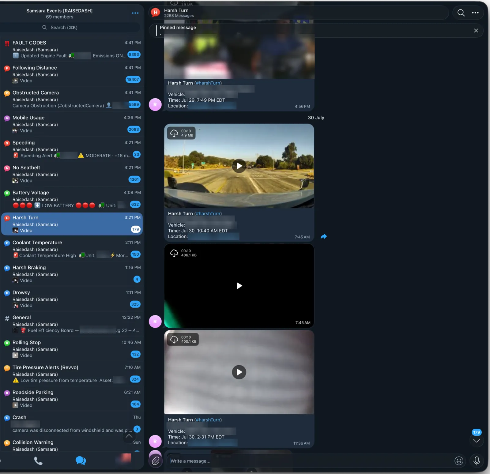 A Telegram group with a separate topic for each event type: fault codes, following distance, obstructed camera, mobile usage, speeding, no seatbelt, harsh turn, drowsy and more, next to a thread of alerts carrying dashcam clips.