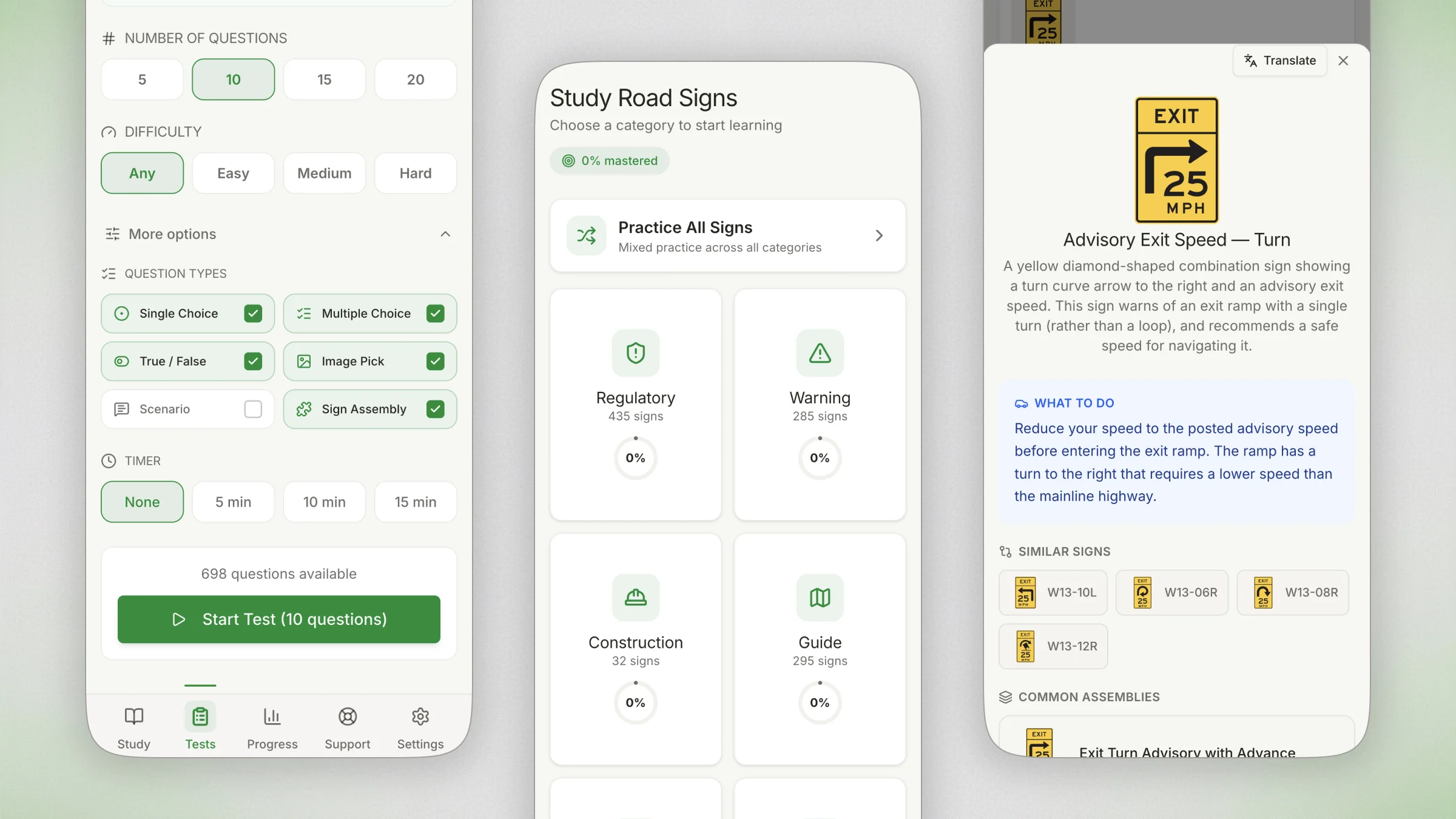 Road Signs CDL practice app showing flashcard study mode, sign categories, and practice test interface for truck drivers