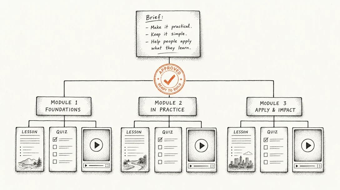 A single handwritten brief branching into a tree of modules, lessons, and quizzes, with an approval stamp in orange at the trunk.