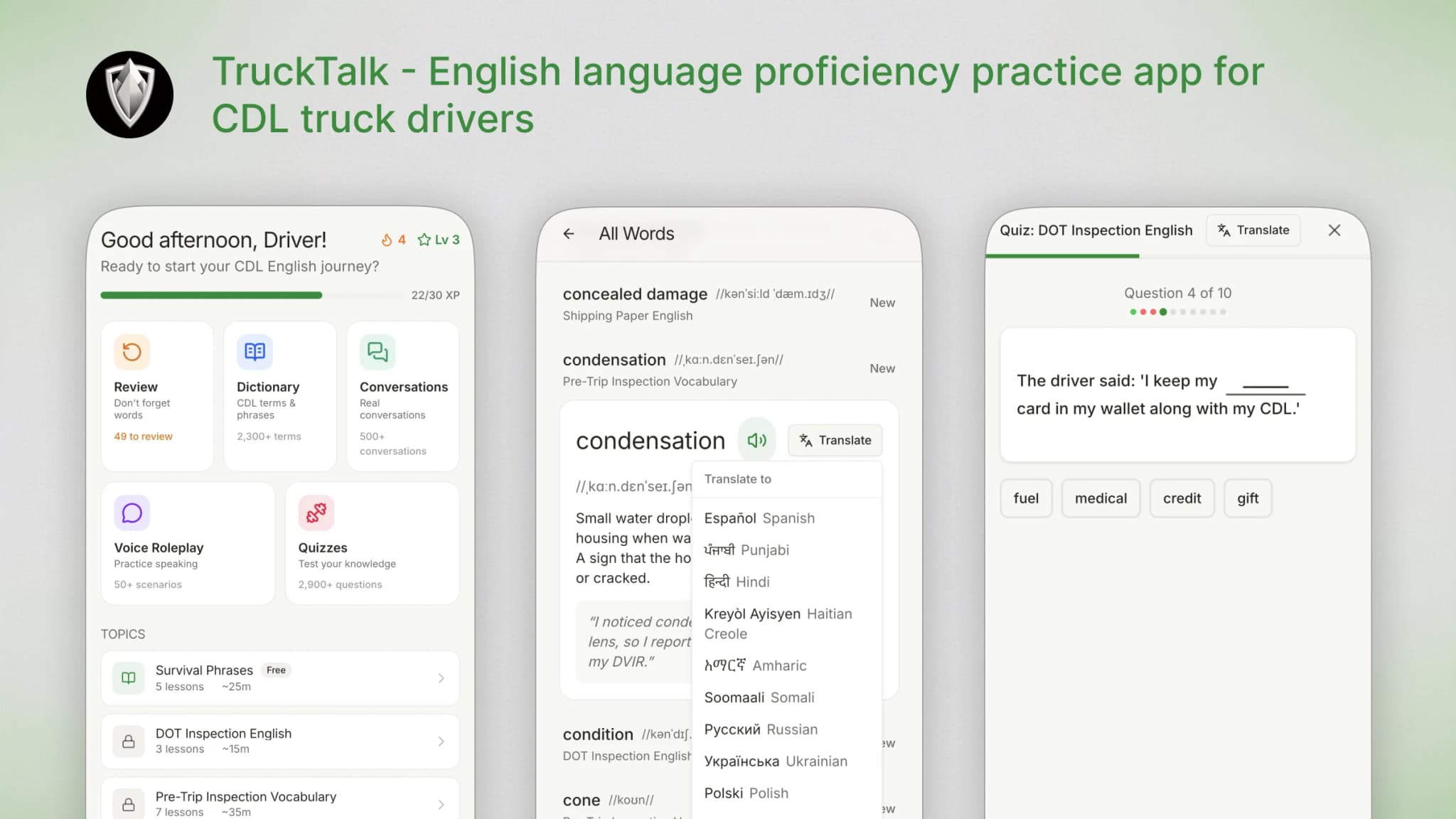 TruckTalk app — vocabulary dictionary, study dashboard, and quiz interface