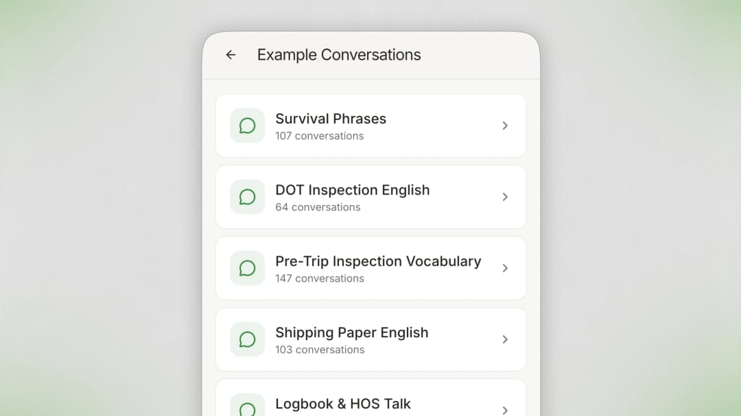 Practice conversations organized by trucking scenarios